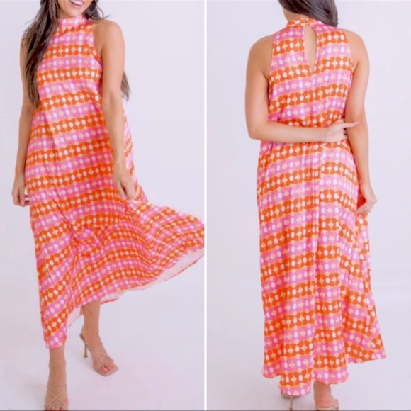 Karlie Floral Geo Print Retro Inspired Halter Maxi Dress Size Large - Picture 1 of 13